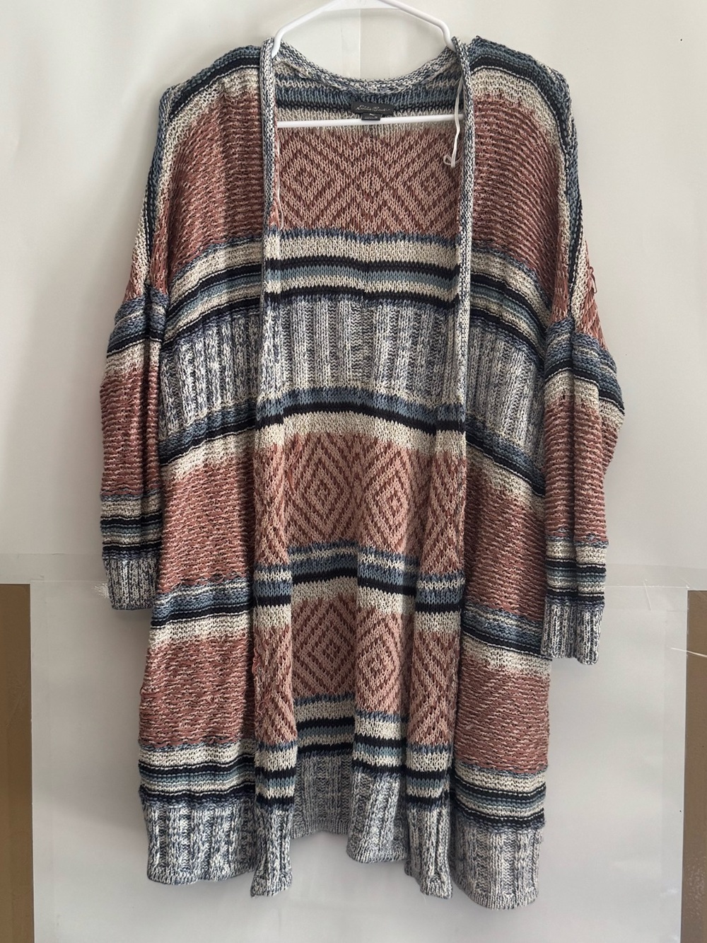 Eddie Bauer Striped boho Open-Front Cardigan in Rose and Gray with side pockets